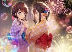  2girls ayamy back bangs blue_eyes blunt_bangs blush bow brown_hair bubble commentary_request eyebrows_visible_through_hair fireworks flower furisode hair_bow hair_flower hair_ornament hairclip hand_holding hands_together japanese_clothes kimono looking_at_viewer medium_hair mole mole_under_eye multiple_girls obi open_mouth original plaid ponytail sash sidelocks tied_hair wide_sleeves x_hair_ornament yukata 