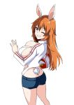  1girl animal_ears ass ball bikini blue_eyes breasts bunny_tail charlotte_e_yeager cleavage fake_animal_ears grin hair_between_eyes large_breasts long_hair looking_at_viewer one_eye_closed orange_hair rabbit_ears shorts simple_background smile solo standing strike_witches swimsuit tail tawashi1623 white_background white_bikini world_witches_series 