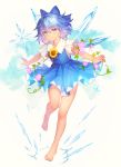  1girl barefoot blue_bow blue_dress blue_eyes blue_hair bow cirno closed_mouth dress eyebrows_visible_through_hair flower full_body hair_bow highres ice ice_wings legs looking_at_viewer morning_glory outstretched_arms shiba_0 short_hair short_sleeves smile solo sunflower tan tanned_cirno touhou wings 