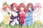  5girls :d absurdres birthday black_ribbon blue_cardigan blue_eyes blush breasts brown_hair cardigan_around_waist cleavage collared_shirt cowboy_shot dated eyebrows_visible_through_hair go-toubun_no_hanayome green_ribbon green_skirt hair_between_eyes hair_ornament hair_ribbon headphones headphones_around_neck highres large_breasts long_hair long_sleeves looking_at_viewer multiple_girls nakano_ichika nakano_itsuki nakano_miku nakano_nino nakano_yotsuba open_mouth orange_hair pink_hair pleated_skirt red_vest redhead ribbon sakura_honoka_(srhk0623) shirt short_hair simple_background skirt smile star star_hair_ornament v vest white_background white_shirt 