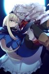 2girls apron blonde_hair blue_scarf blush boots brown_footwear carrying cis05 closed_eyes closed_mouth commentary_request eyebrows_visible_through_hair fang fate/grand_order fate_(series) flower golem green_eyes hair_between_eyes hat long_hair lord_el-melloi_ii_case_files maid maid_headdress mini_hat moon multiple_girls night night_sky open_eyes princess_carry red_ribbon reines_el-melloi_archisorte ribbon scarf sky teeth trimmau volumen_hydragyrum 