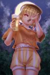  1girl alcohol animal_ears beer beer_mug blonde_hair breasts clouds commentary_request cowboy_shot cup eating flat_cap food from_below full_moon hat head_tilt highres holding holding_cup looking_at_viewer looking_down medium_breasts midriff moon navel night outdoors rabbit_ears red_eyes ringo_(touhou) shiny shiny_hair shirt short_hair shorts shounen_(hogehoge) skewer sky solo standing striped striped_shorts tongue tongue_out touhou tree vertical_stripes yakitori yellow_shirt yellow_shorts 