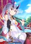  1girl bangs bare_shoulders blue_sky blurry blurry_background blush breasts china_dress chinese_clothes closed_mouth clouds commentary_request day depth_of_field detached_sleeves dress eyebrows_visible_through_hair fate/grand_order fate_(series) hair_between_eyes hair_ribbon high_ponytail highres holding holding_umbrella horns long_hair long_sleeves oriental_umbrella outdoors ponytail red_eyes red_ribbon red_umbrella ribbon see-through silver_hair sky sleeveless sleeveless_dress small_breasts smile solo tapioka_(oekakitapioka) tomoe_gozen_(fate/grand_order) umbrella very_long_hair white_sleeves wide_sleeves 
