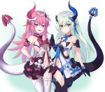  2girls :d bangs bare_shoulders black_gloves black_legwear black_panties blue_eyes blush breasts choker closed_mouth cowboy_shot fang garter_straps gloves green_hair hair_ornament hands_together highres honkai_(series) honkai_impact_3rd horn liliya_olyenyey long_hair looking_at_viewer mismatched_gloves multiple_girls navel open_mouth panties pink_hair pnt_(ddnu4555) revealing_clothes rozaliya_olyenyey siblings small_breasts smile standing stomach tail thick_eyebrows thigh-highs twins underwear white_gloves white_legwear 