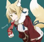  1girl animal_ears blonde_hair brown_hair fire_emblem fire_emblem_if fox_ears fox_tail fur_trim grin hair_ornament japanese_clothes juria0801 kinu_(fire_emblem_if) long_sleeves multicolored_hair nintendo short_hair simple_background smile solo streaked_hair tail twitter_username yellow_eyes 