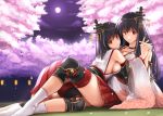  2girls akatsuki_akane black_hair breasts cherry_blossoms detached_sleeves floral_print fusou_(kantai_collection) hair_ornament hand_holding japanese_clothes kantai_collection large_breasts long_hair moon multiple_girls night night_sky nontraditional_miko outdoors pleated_skirt red_eyes red_skirt short_hair sideboob skirt sky wide_sleeves yamashiro_(kantai_collection) 