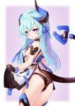  1girl aqua_hair armlet ass asymmetrical_horns bare_shoulders black_gloves black_panties breasts bright_pupils cowboy_shot ehart eyebrows_visible_through_hair from_behind gloves hair_ribbon honkai_(series) honkai_impact_3rd horns lifted_by_self liliya_olyenyey long_hair looking_at_viewer looking_back outside_border panties ribbon simple_background small_breasts solo tail thigh-highs underwear violet_eyes 