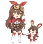  1girl :d amber_(genshin_impact) bangs baron_bunny_(genshin_impact) blush_stickers boots breasts brown_eyes brown_hair brown_shorts chibi commentary_request eyebrows_visible_through_hair fang genshin_impact gloves goggles goggles_on_head hair_between_eyes hair_ribbon hands_up hood hood_down long_hair long_sleeves miri_(ago550421) red_gloves red_legwear red_ribbon ribbon short_shorts shorts shrug_(clothing) simple_background small_breasts smile teeth thigh-highs thigh_boots upper_teeth very_long_hair white_background white_footwear 