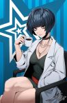  1girl bangs black_hair blue_hair breasts brown_eyes chair choker coffee collarbone cup j.k. jewelry labcoat looking_at_viewer nail_polish necklace persona persona_5 short_hair sitting smile solo takemi_tae 