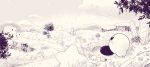  amedama_(akaki_4207) black_eyes clouds flower grass greyscale halftone highres hill kirby kirby_(series) monochrome nintendo no_humans plant scenery star trail tree 