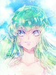  1girl blue_eyes c.c. code_geass collarbone eyebrows_visible_through_hair floating_hair green_hair long_hair looking_at_viewer nude portrait shiny shiny_hair smile solo sumi_otto 