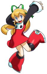  1990s_(style) 1998 absurdres android bengus blonde_hair blue_eyes blush boots capcom dress full_body game_cg green_ribbon hand_up highres joints leg_up long_sleeves looking_at_viewer marvel marvel_vs._capcom mechanical_boots mechanical_legs mega_man_(series) non-web_source official_art open_mouth ponytail red_boots red_dress retro_artstyle ribbon robot_girl robot_joints roll_(mega_man) sidelocks simple_background skirt smile solo white_background 