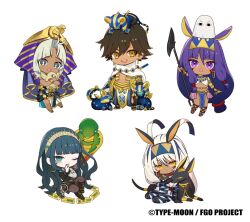  2boys 3girls ancient_egyptian ancient_egyptian_clothes animal_ears antenna_hair bandages bird black_bandages chibi chibi_only cleopatra_(fate) dark-skinned_female dark-skinned_male dark_skin earrings facepaint facial_mark fate/grand_order fate_(series) green_eyes green_hair grey_eyes grey_hair hair_between_eyes hairband hoop_earrings jackal jackal_ears jewelry koyori_tsuda long_hair looking_at_viewer medjed_(fate) multiple_boys multiple_girls nitocris_(fate) nitocris_alter_(fate) nitocris_alter_(first_ascension)_(fate) official_art one_eye_closed open_mouth ozymandias_(fate) promotional_art purple_hair short_hair sidelocks simple_background smile snake sphinx tutankhamun_(fate) tutankhamun_(second_ascension)_(fate) usekh_collar violet_eyes white_background white_hair yellow_eyes 