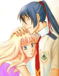  1girl blonde_hair blue_eyes blue_hair chin_rest couple hand_on_head head_rest hug long_hair lowres macross macross_frontier saotome_alto sheryl_nome 