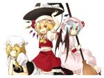  blonde_hair blue_hair broom flandre_scarlet hat headwear_switch hiz_(pixiv) holding holding_hat kirisame_marisa long_hair ponytail red_eyes remilia_scarlet ribbon ribbons short_hair silver_hair simple_background touhou wings yellow_eyes 