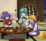  barefoot blonde_hair blue_eyes blue_hair blush detached_sleeves dress drunk eyes food frog green_hair hairband hat japanese_clothes kirisame_marisa kochiya_sanae leaf leaves long_hair miko moriya_suwako purple_hair red_eyes ribbons rope shide shimenawa short_hair snake table tenten_(artist) tenten_(edp666) tenten_(pixiv) thigh-highs thighhighs touhou witch_hat yasaka_kanako 