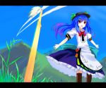 blue_hair gochou_(comedia80) hat hinanawi_tenshi long_skirt skirt sword sword_of_hisou touhou wind