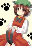  animal_ears brown_eyes brown_hair cat_ears cat_tail chen doriruman earrings hat highres jewelry multiple_tails paw_print short_hair solo tail touhou 