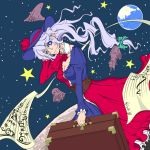  alternate_outfit blue_eyes breasts briefcase cleavage earth floating_hair hat moon sheet_music silver_hair solo space touhou yagokoro_eirin 