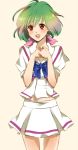  blush deirn green_hair happy kiui macross macross_frontier orange_eyes ranka_lee school_uniform short_hair skirt smile 