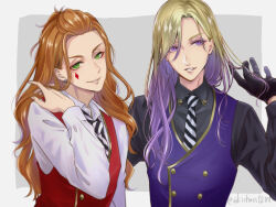 2boys alternate_hair_length alternate_hairstyle black_gloves black_shirt blonde_hair cater_diamond commentary_request gloves gradient_hair green_eyes grey_background highres long_hair looking_at_viewer male_focus multicolored_hair multiple_boys night_raven_college_uniform orange_hair parted_lips purple_hair purple_vest red_vest school_uniform shirt simple_background twisted_wonderland ukichan12011 upper_body vest vil_schoenheit violet_eyes white_shirt 