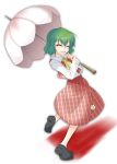  closed_eyes green_hair kazami_yuuka loafers parasol plaid plaid_skirt plaid_vest shoes short_hair skirt skirt_set smile touhou umbrella unmoving_pattern wapokichi white_background 