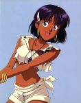  1girl bandeau bracelet dark_skin earrings fushigi_no_umi_no_nadia hair_ornament hairclip highres hoop_earrings jewelry nadia navel necklace official_art open_mouth purple_hair short_hair shorts simple_background solo tubetop vest west 