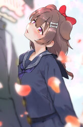  1boy 1girl alternate_costume animal_ears arms_behind_back black_serafuku black_shirt black_skirt blurry blush bone_hair_ornament bow braid breasts brown_eyes brown_hair commentary_request depth_of_field dog_ears dog_girl dog_tail epicrodmad falling_petals gakuran hair_bow hair_ornament hairclip head_back head_tilt highres hololive inugami_korone large_breasts listener_(inugami_korone) looking_at_another looking_up multicolored_eyes neckerchief open_mouth petals pleated_skirt purple_neckerchief red_bow sailor_collar sailor_shirt school_uniform serafuku shirt skirt standing tail twin_braids violet_eyes virtual_youtuber 