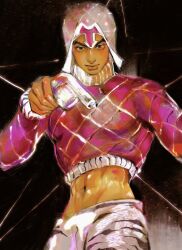  1boy a_io_u abs animal_print argyle_clothes argyle_sweater black_background closed_mouth cropped_sweater guido_mista hat highres jojo_no_kimyou_na_bouken long_sleeves looking_at_viewer male_focus midriff navel pants pink_sweater print_pants solo sweater tiger_print turtleneck turtleneck_sweater upper_body vento_aureo 
