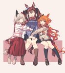  3girls :d ^_^ absurdres animal_ears bangs beige_coat black_legwear black_skirt boots bow brown_footwear brown_hair brown_skirt closed_eyes closed_mouth coat curren_chan_(umamusume) full_body gocoli hair_bow highres hishi_akebono_(umamusume) horse_ears horse_girl horse_tail hug kneehighs loafers long_hair long_skirt long_sleeves looking_at_viewer mayano_top_gun_(umamusume) multiple_girls one_eye_closed orange_eyes orange_hair plaid plaid_skirt pleated_skirt purple_coat red_bow red_scarf red_skirt scarf shared_scarf shoes short_hair sidelocks sitting skirt smile sweater tail twintails umamusume violet_eyes white_footwear white_legwear white_sweater 