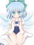  blue_hair blush bow cirno no_pants one-piece_swimsuit open_clothes open_shirt ry school_swimsuit shirt short_hair socks swimsuit swimsuit_under_clothes touhou wings 