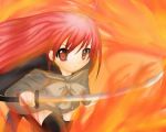  fire fujieda_hiro long_hair red_eyes red_hair redhead school_uniform shakugan_no_shana shana sword thighhighs weapon 