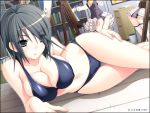  black_hair breasts cleavage curvy erect_nipples eyes_visible_through_hair game_cg green_eyes hair_over_one_eye kirishima_sakura large_breasts lowres lying navel on_side posing sakura_sakura short_hair swimsuit watermark 