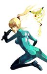  bad_id blonde_hair blue_eyes bodysuit metroid nintendo pikachu pokemon ponytail samus_aran simple_background skin_tight souya_(pixiv130943) souya_touki super_smash_bros. white_background zero_suit 