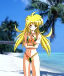  90s ahoge beach bikini blonde_hair blush bracelet breasts cleavage crossed_arms galaxy_fraulein_yuna ginga_ojou-sama_densetsu_yuna jewelry long_hair lowres navel necklace oldschool orange_eyes palm_tree photo_background shiratori_miki sky solo swimsuit tree water 