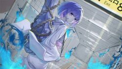  1girl blue_fire closed_mouth fire from_behind ghost_girl grab_pigeon guitar_case indie_utaite instrument_case japanese_clothes kimono konkon_tamashii long_sleeves looking_at_viewer looking_back medium_hair multicolored_hair pink_hair purple_hair purple_kimono rope sleeves_past_wrists solo the_exit_8 translated violet_eyes virtual_youtuber 