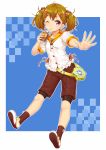  ;3 bike_shorts blue_background brown_bike_shorts brown_hair brown_legwear carton checkered coffee drinking fanny_pack flower food_themed_clothes frills hair_ornament hairclip highres komase_(jkp423) original outstretched_arm outstretched_hand red_eyes ribbon shoes shorts sock_ornament socks straw twintails yukijirushi yukiko-tan 