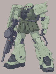  absurdres advance_of_zeta ammunition_box brown_background cable commentary_request gun gundam highres machine_gun machinery mecha mecha_focus mecha_kaku_man mobile_suit no_humans one-eyed robot science_fiction scope shield shoulder_spikes spikes weapon zaku_ii zaku_ii_f2 zeon 