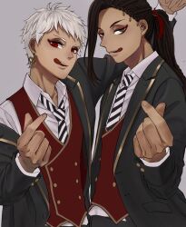  2boys black_suit blue_eyes brown_eyes brown_hair commentary_request dark-skinned_male dark_skin finger_heart grey_background highres jamil_viper kalim_al-asim licking_lips long_hair looking_at_viewer male_focus multiple_boys necktie night_raven_college_uniform ponytail red_eyes red_vest school_uniform shirt short_hair simple_background striped_necktie suit tongue tongue_out twisted_wonderland ukichan12011 upper_body vest white_hair white_shirt 