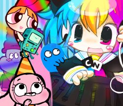  adventure_time anais_watterson blonde_hair blooregard_q_kazoo blossom_(ppg) blue_eyes blue_hair bmo cartoon_network chibi chibi_only chowder_(character) chowder_(series) clancypaw crossover foster&#039;s_home_for_imaginary_friends hat heterochromia highres multicolored_hair personification pink_eyes pink_hair powerpuff_girls school_uniform serafuku the_amazing_world_of_gumball toon_(style) 