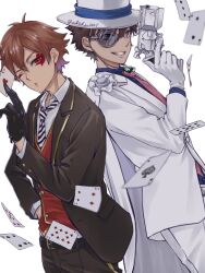 2boys ace_trappola black_gloves brown_hair cape card character_request commentary_request copyright_request cowboy_shot gloves gun hand_on_own_hip highres holding holding_card holding_gun holding_weapon kaitou_kid looking_at_viewer male_focus multiple_boys night_raven_college_uniform one_eye_closed playing_card red_eyes school_uniform short_hair simple_background suit twisted_wonderland ukichan12011 weapon white_background white_suit