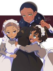  3girls apron arms_around_waist bindi black_dress black_hair blue_eyes brown_hair dark-skinned_female dark_skin double_bun dress facial_mark fang forehead_mark green_eyes gundam gundam_gquuuuuux hair_bun highres hug kanchana kouda_mana lalah_sune light_smile long_sleeves looking_at_another maid maid_apron maid_headdress medium_hair multiple_girls open_mouth short_hair simple_background sleeve_cuffs thick_eyebrows two-tone_background vani_(gundam) violet_eyes white_apron 