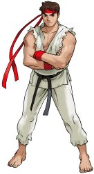  1990s_(style) 1998 1boy absurdres armband barefoot bengus brown_eyes brown_hair capcom crossed_arms dougi furrowed_brow game_cg headband highres karate_gi martial_arts_belt marvel marvel_vs._capcom muscular muscular_male non-web_source official_art red_armband red_headband retro_artstyle ryu_(street_fighter) solo street_fighter street_fighter_ii_(series) 