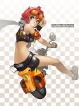  belt checkered checkered_background from_behind goggles goggles_on_head green_eyes grin kkuem midriff motor_vehicle motorcycle original red_hair redhead scarf short_hair shorts smile solo vehicle 