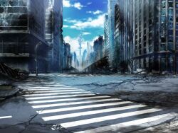  artist_request bare_tree blue_sky building bush cityscape clouds crack crosswalk day game_cg lamppost magia_record:_mahou_shoujo_madoka_magica_gaiden mahou_shoujo_madoka_magica no_humans official_art outdoors radio_tower road ruins scenery sidewalk sky skyscraper soot street tree 