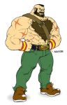  1boy abs beard belt belt_buckle chest_hair concept_art cosplay facial_hair hands_on_hips manly mike_haggar mohawk muscle official_art pants scar shirtless solo street_fighter street_fighter_iv suspenders wristband zangief 