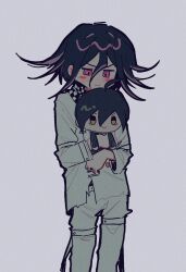  1boy ahoge arm_belt black_hair blush_stickers buttons character_doll checkered_clothes checkered_scarf danganronpa_(series) danganronpa_v3:_killing_harmony doll ff9900 flipped_hair frown grey_background hair_between_eyes highres hugging_doll hugging_object long_sleeves male_focus medium_hair muted_color oma_kokichi pants pink_eyes purple_hair saihara_shuichi scarf short_hair simple_background solo standing thigh_strap torn_clothes two-tone_scarf violet_eyes 