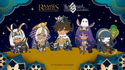  2boys 3girls ancient_egyptian ancient_egyptian_clothes animal_ears antenna_hair bandages bird black_bandages chibi chibi_only cleopatra_(fate) dark-skinned_female dark-skinned_male dark_skin earrings facepaint facial_mark fate/grand_order fate_(series) green_eyes green_hair grey_eyes grey_hair hair_between_eyes hairband highres hoop_earrings jackal jackal_ears jewelry koyori_tsuda long_hair looking_at_viewer medjed_(fate) multiple_boys multiple_girls nitocris_(fate) nitocris_alter_(fate) nitocris_alter_(first_ascension)_(fate) official_art one_eye_closed open_mouth ozymandias_(fate) promotional_art purple_hair second-party_source short_hair sidelocks smile snake sphinx tutankhamun_(fate) tutankhamun_(second_ascension)_(fate) usekh_collar violet_eyes white_hair yellow_eyes 