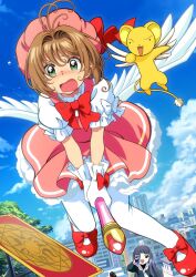  2girls :d black_hair blue_sky blunt_bangs blush bow brown_hair camcorder camera cardcaptor_sakura cityscape clouds clow_card daidouji_tomoyo dress flying footwear_bow fuuin_no_tsue gesugesu_ahoaho gloves green_eyes hashtag-only_commentary hat hat_bow hat_ribbon highres holding holding_camera kero_(cardcaptor_sakura) kinomoto_sakura kinomoto_sakura_(magician) long_hair magical_girl mary_janes multiple_girls neckerchief outdoors pantyhose pink_hat puffy_short_sleeves puffy_sleeves recording red_bow red_ribbon red_shoes ribbon sailor_collar school_uniform shoes short_hair short_sleeves sky smile tomoeda_elementary_school_uniform tree video_camera white_gloves white_neckerchief white_pantyhose white_sailor_collar 