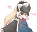  alice_margatroid behind_hat blonde_hair blush hat hat_removed headwear_removed heart holding holding_hat kirisame_marisa kiss multiple_girls mutual_yuri spoken_blush spoken_heart toobane touhou yuri 